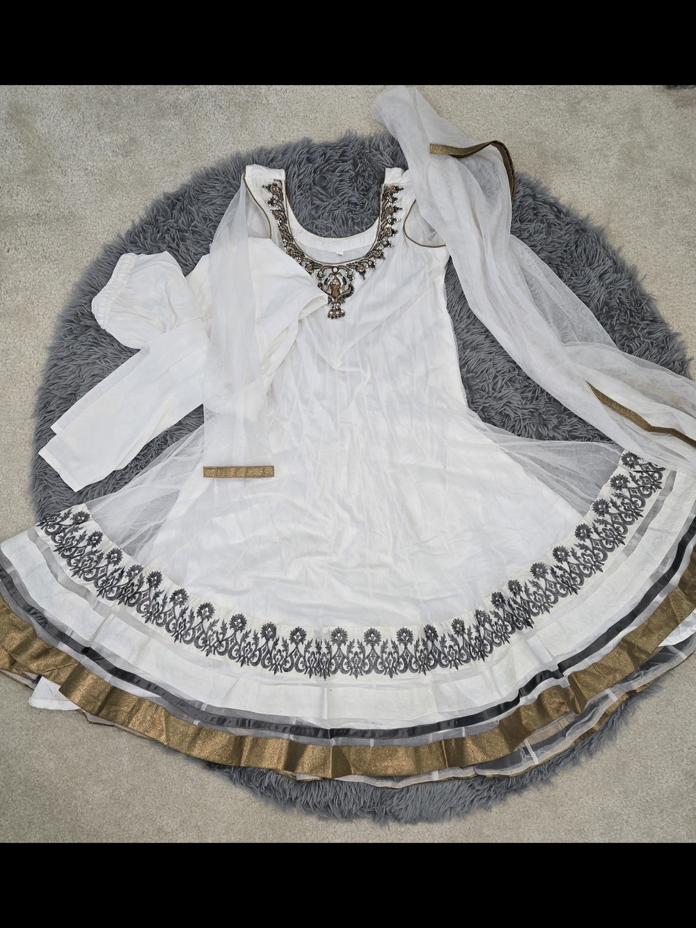 White Anarkali Dress with Gold & Black Embellishment